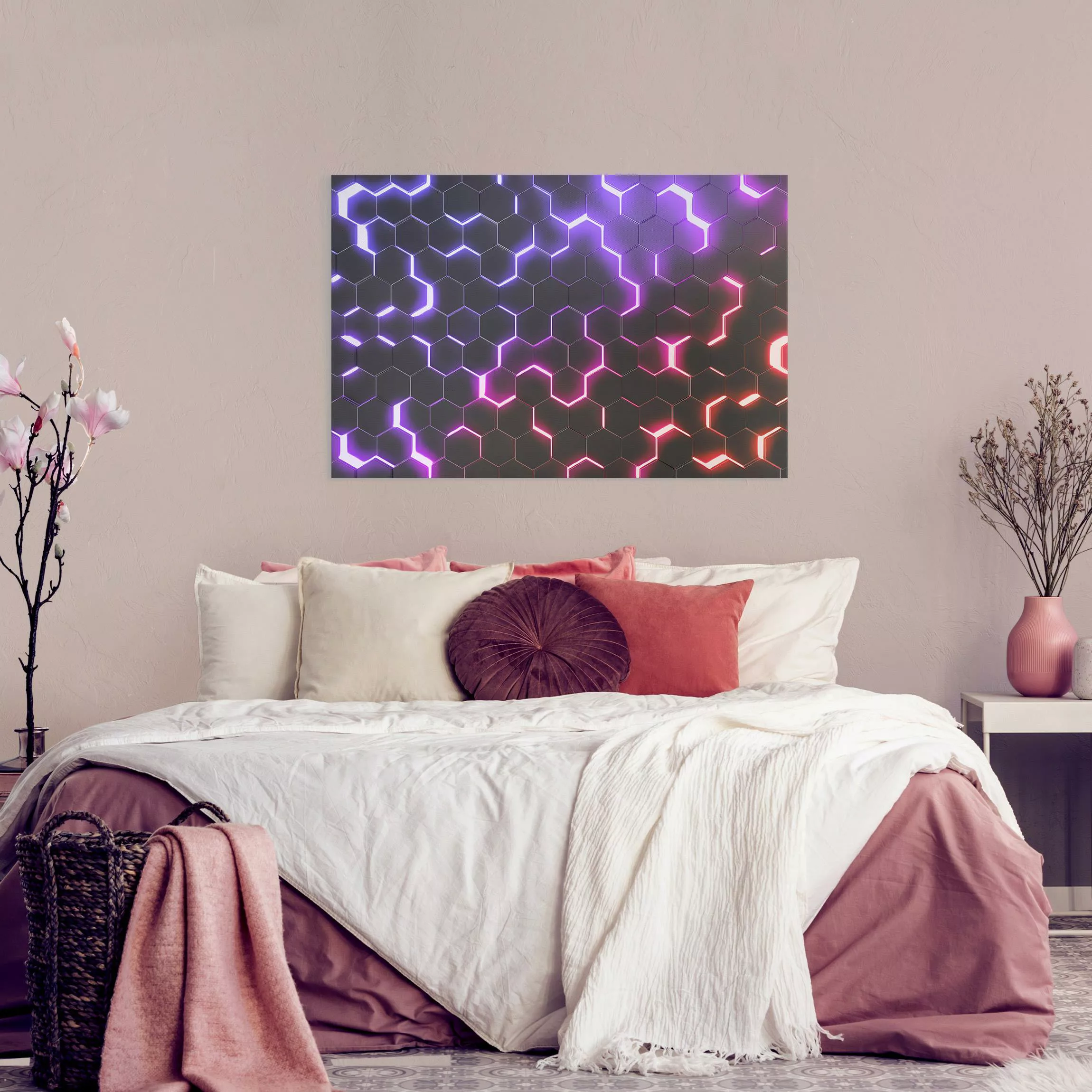 Leinwandbild Strukturierte Hexagone mit Neonlicht in Rosa und Lila günstig online kaufen