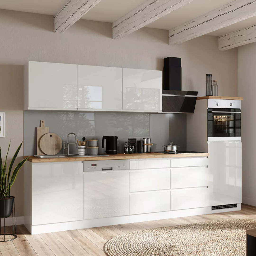 Küchenzeile 300 cm, inkl. E-Geräte, in Hochglanz weiß, Arbeitsplatte Eiche günstig online kaufen