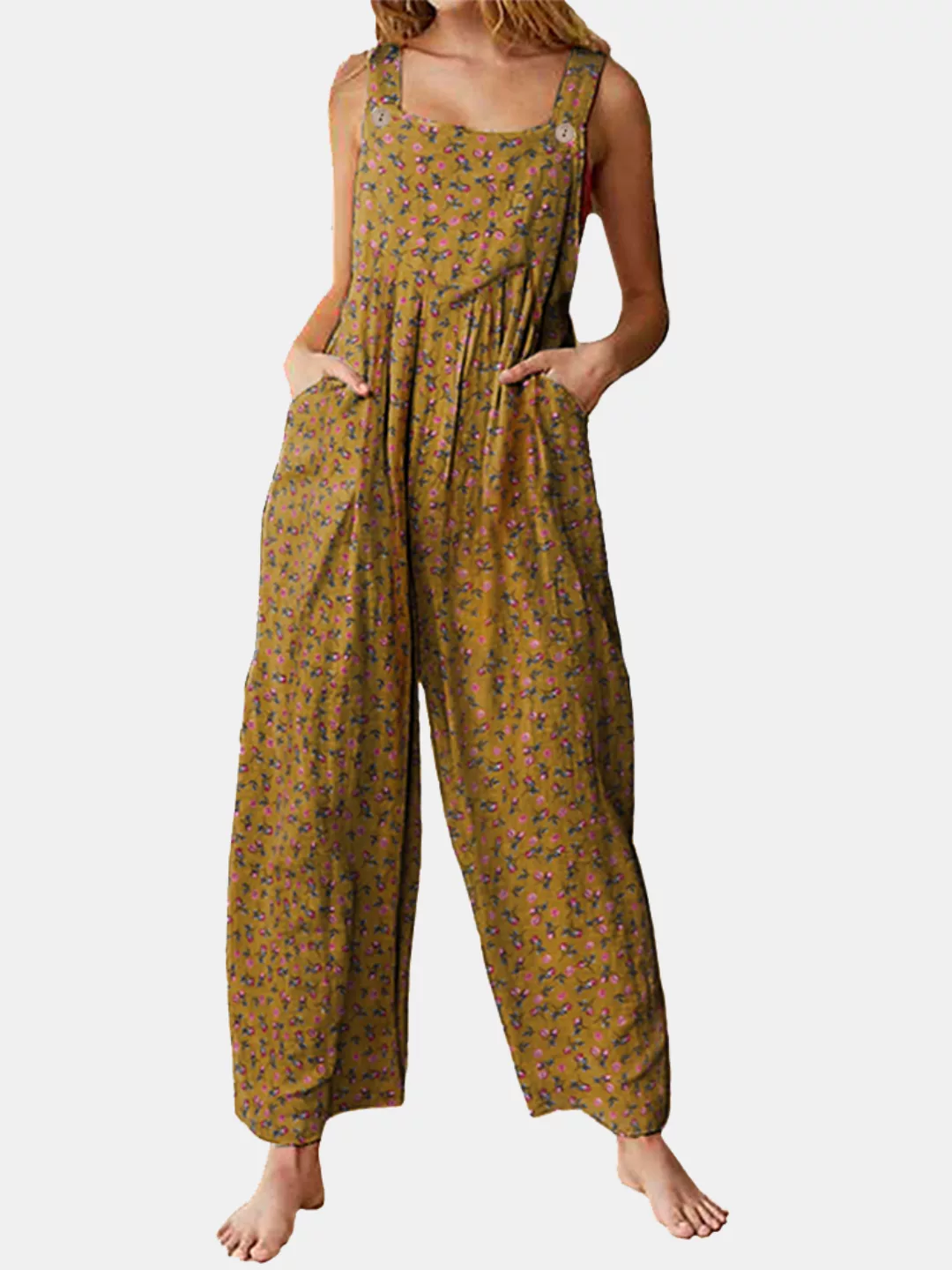 Blumendruckbänder Breite Beintaschen Vintage Jumpsuit Für Damen günstig online kaufen