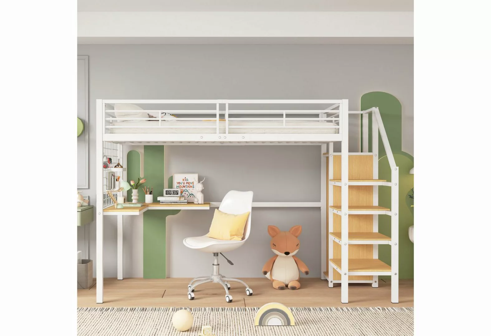 OKWISH Kinderbett Etagenbett Metallbett Hochbett mit Tisch und Kleiderschra günstig online kaufen