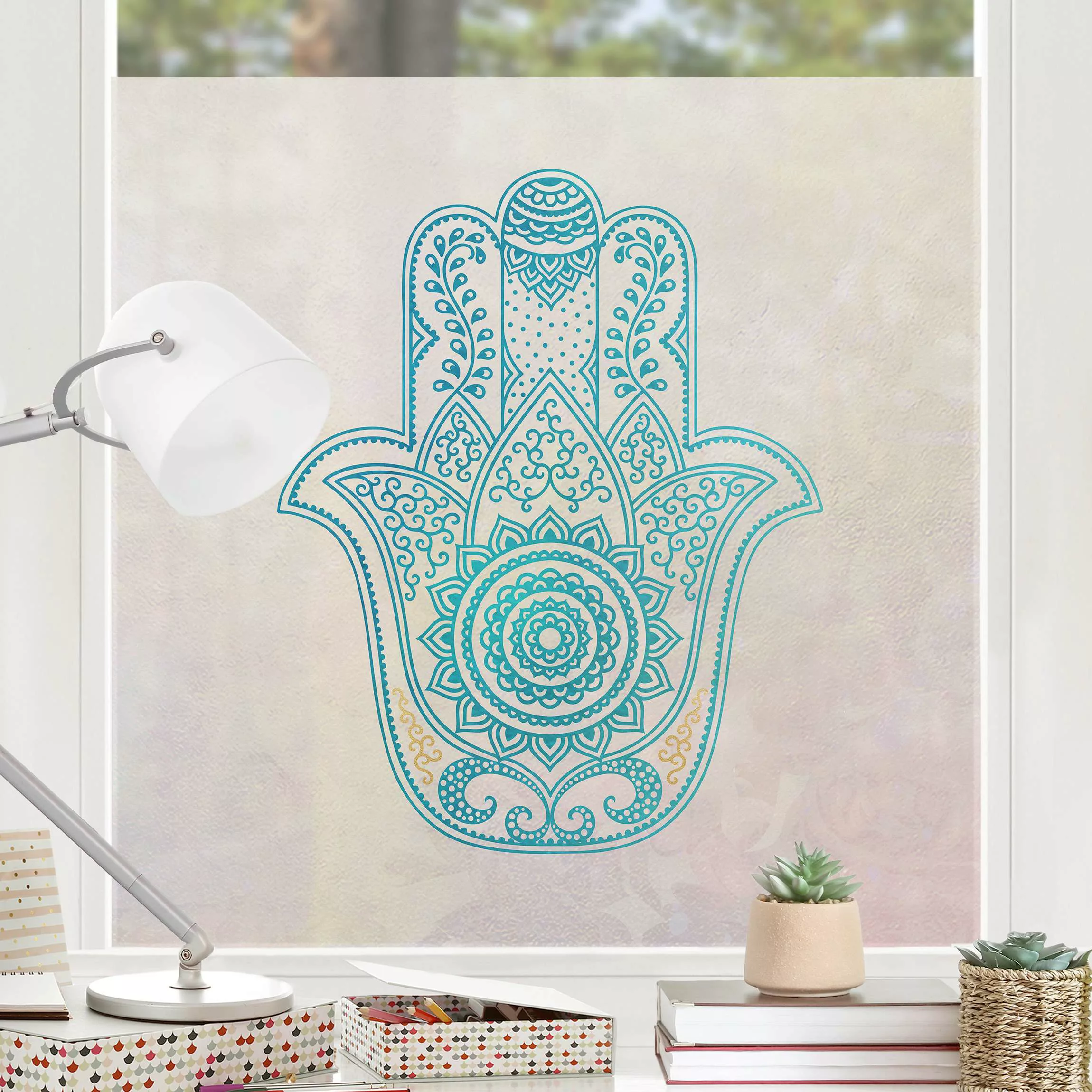 Fensterfolie Hamsa Hand Illustration Mandala gold blau günstig online kaufen