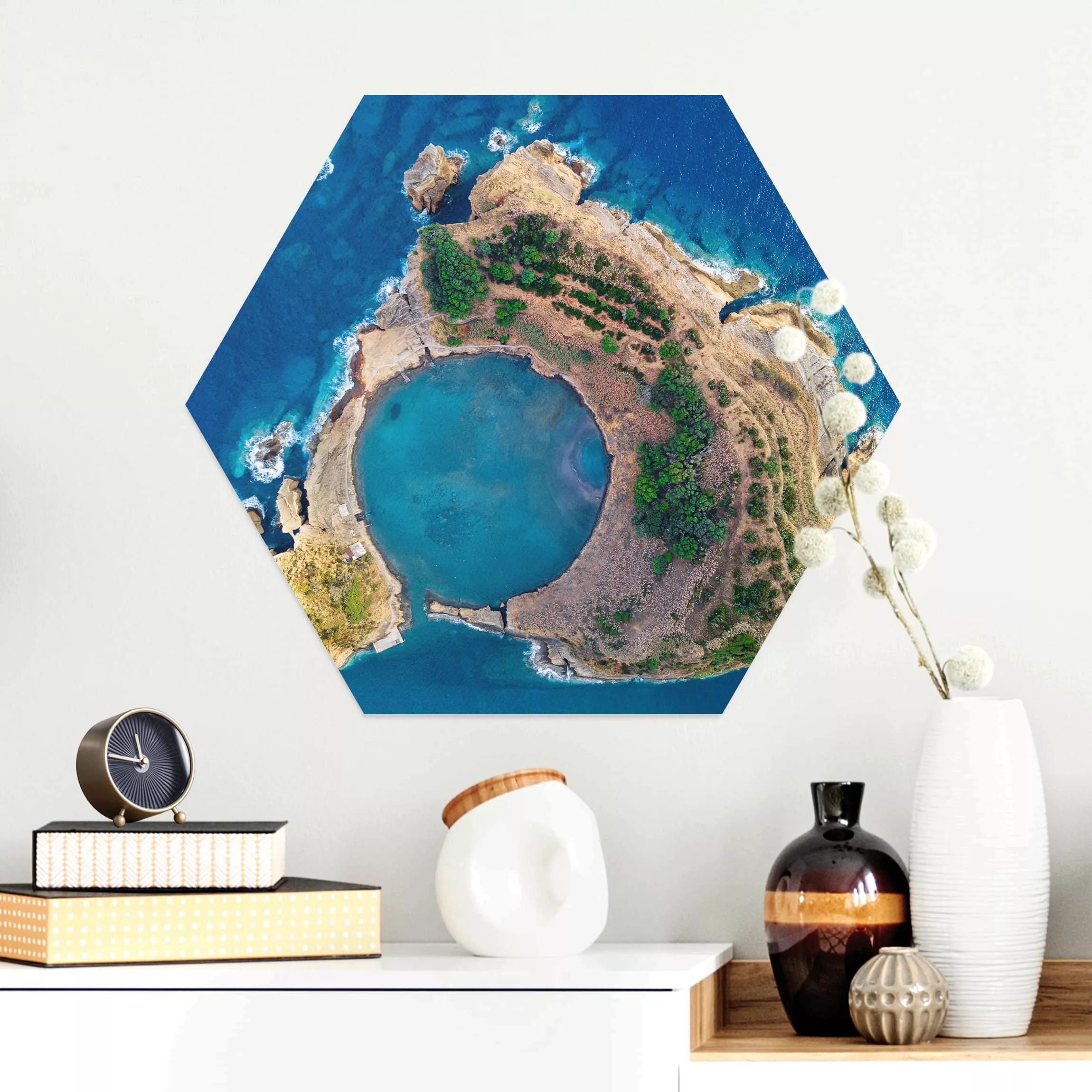 Hexagon-Alu-Dibond Bild Natur & Landschaft Luftbild - Die Insel Vila Franca günstig online kaufen