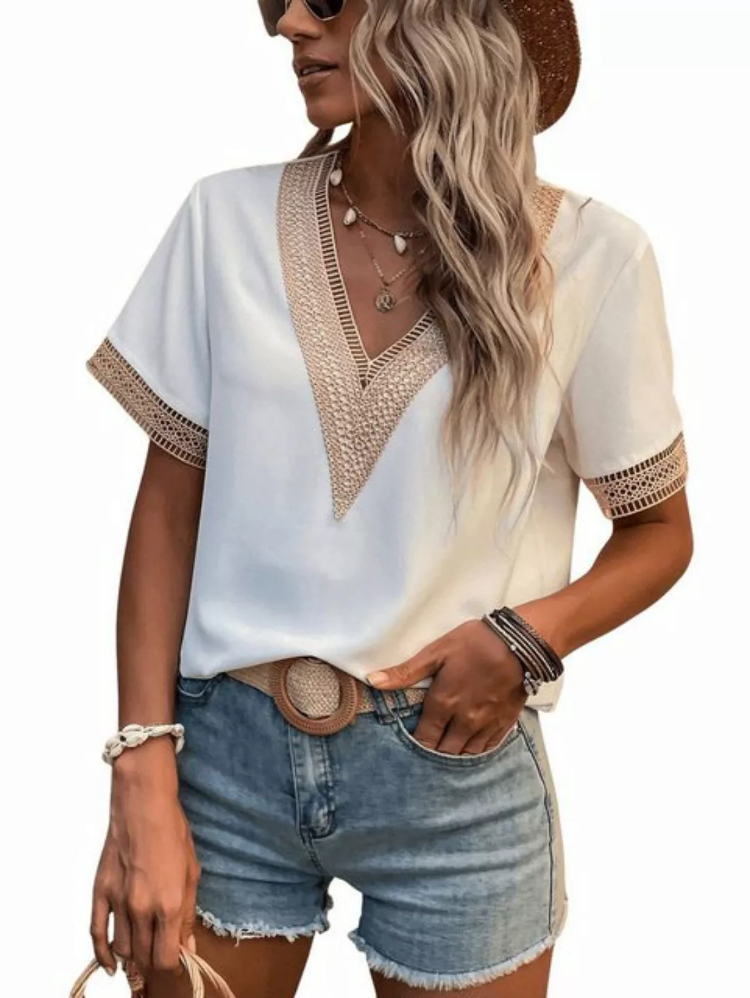 AFAZ New Trading UG Hemdbluse Damen V-Ausschnitt Sommer Kurzarm Top Spitze günstig online kaufen