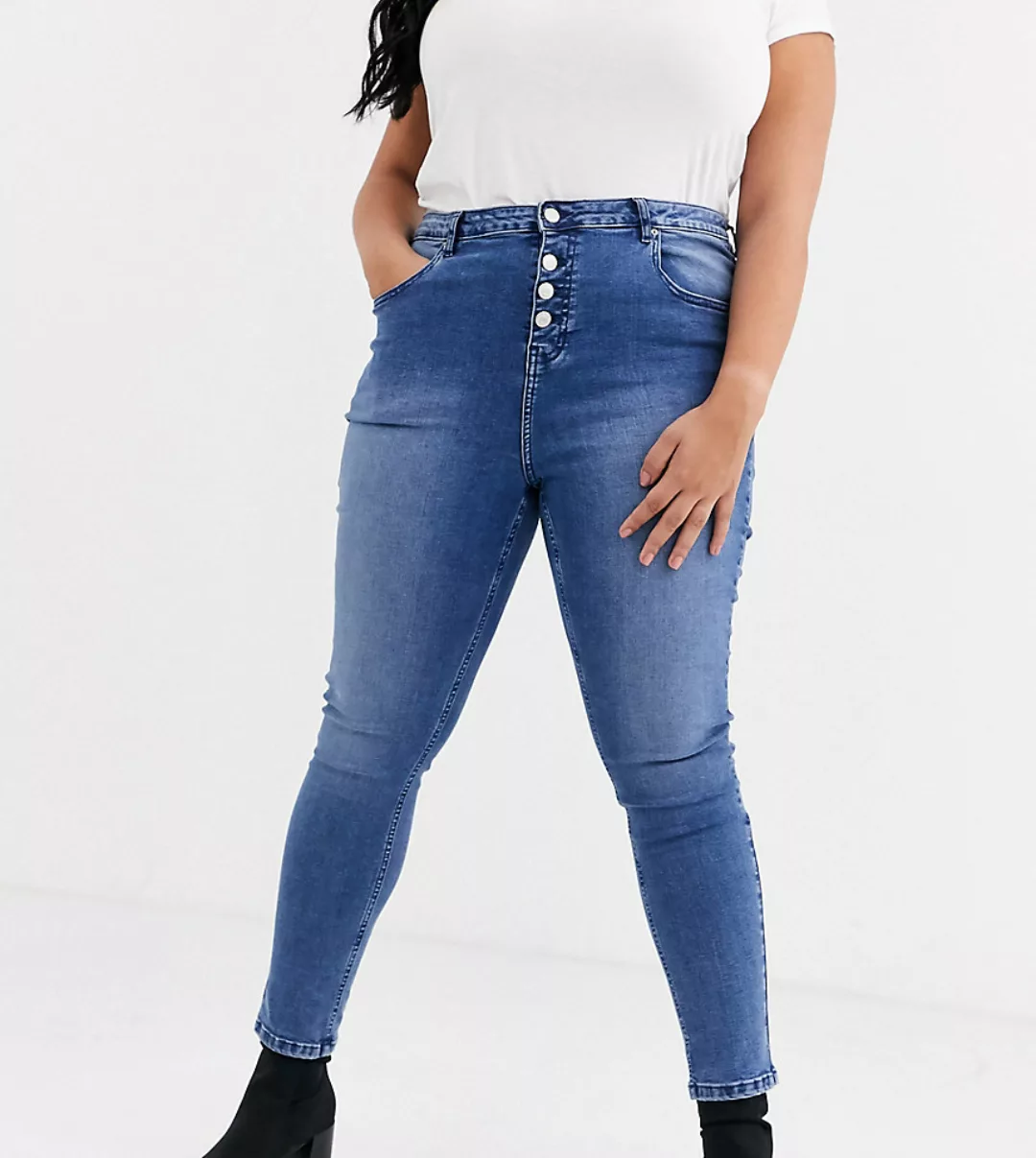 Urban Bliss Plus – Enge Jeans mit freiliegenden Knöpfen-Blau günstig online kaufen