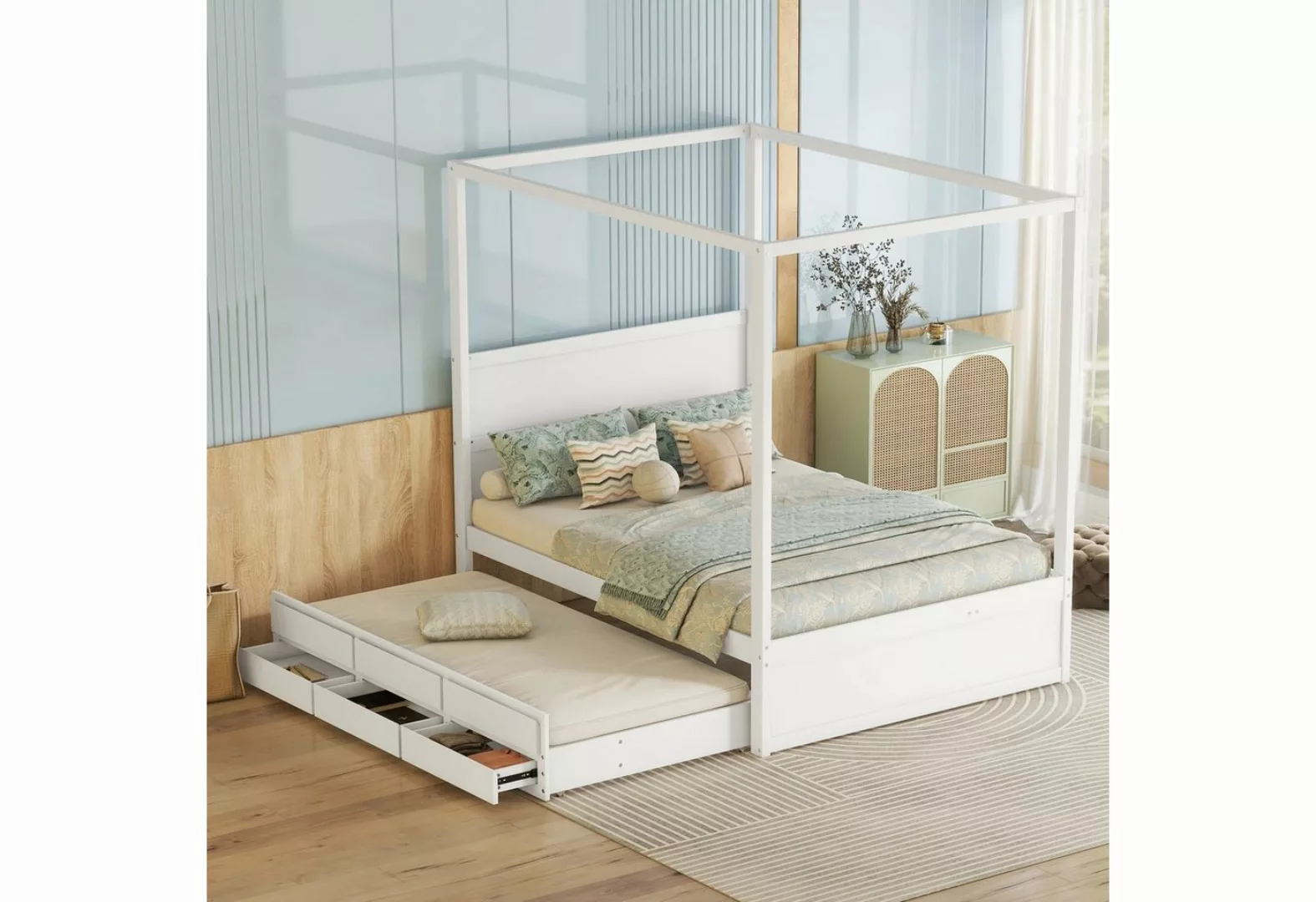 Celya Himmelbett 140 x 200 cm Pritsche mit ausziehbarem Einzelbett, und dre günstig online kaufen