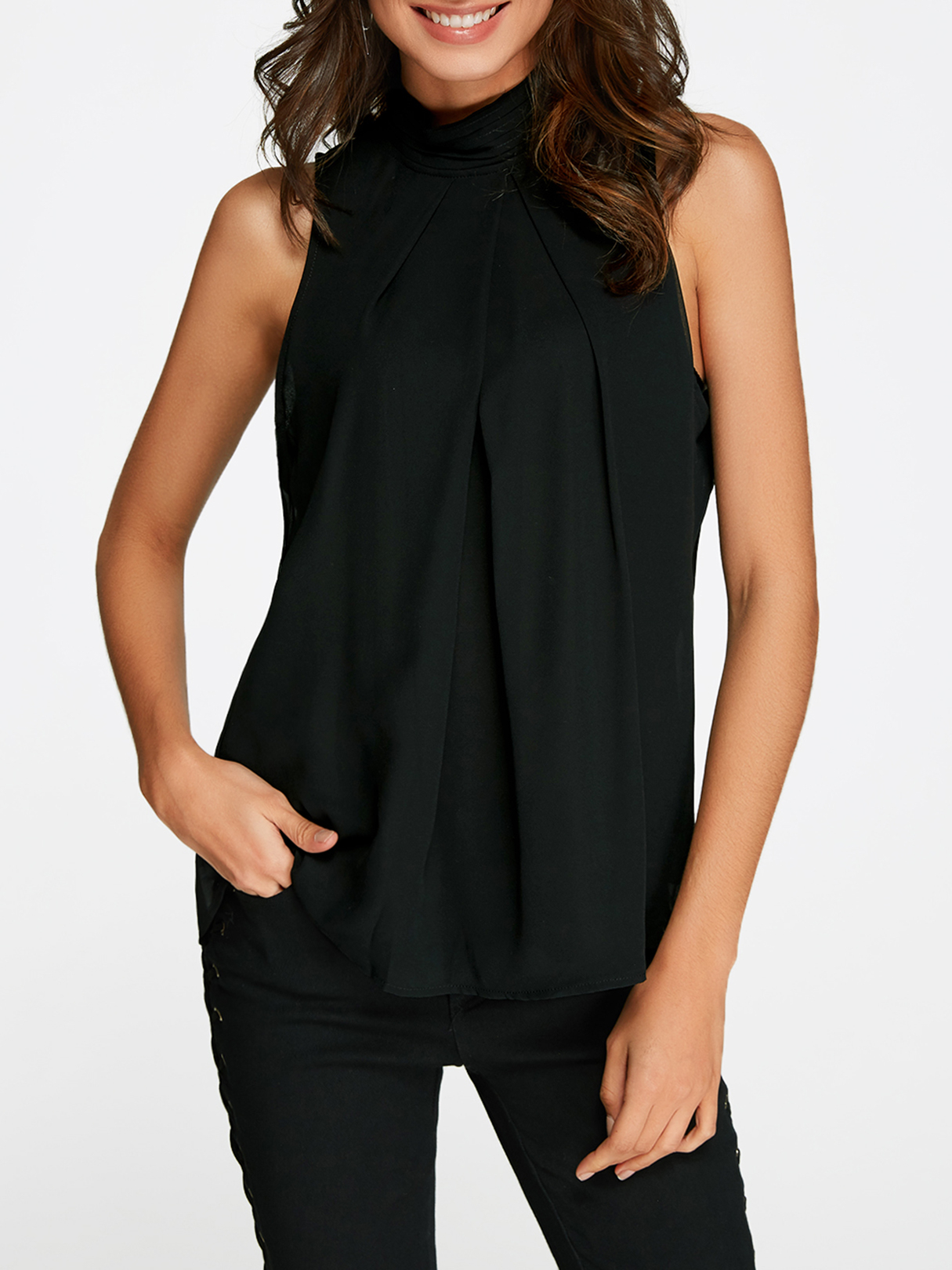 Schwarzes High Neck Open Back Plissee Chiffon Tank Top günstig online kaufen