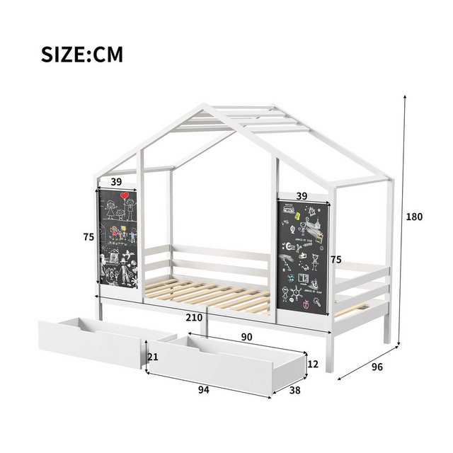 Furnishings Home Holzbett 90x200cm Kinderbett + 2 Schubladen + 2 Zeichenbre günstig online kaufen