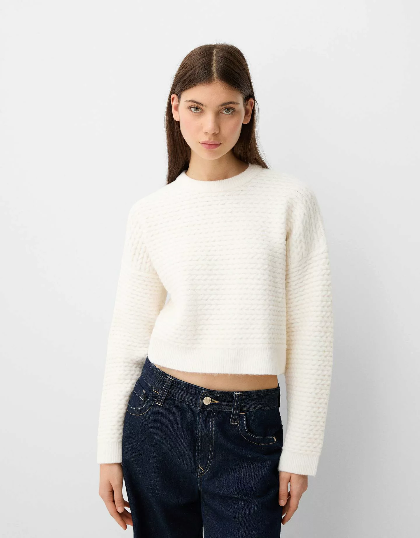 Bershka Pullover Mit Fischgrätenmuster Damen Xs Rohweiß günstig online kaufen