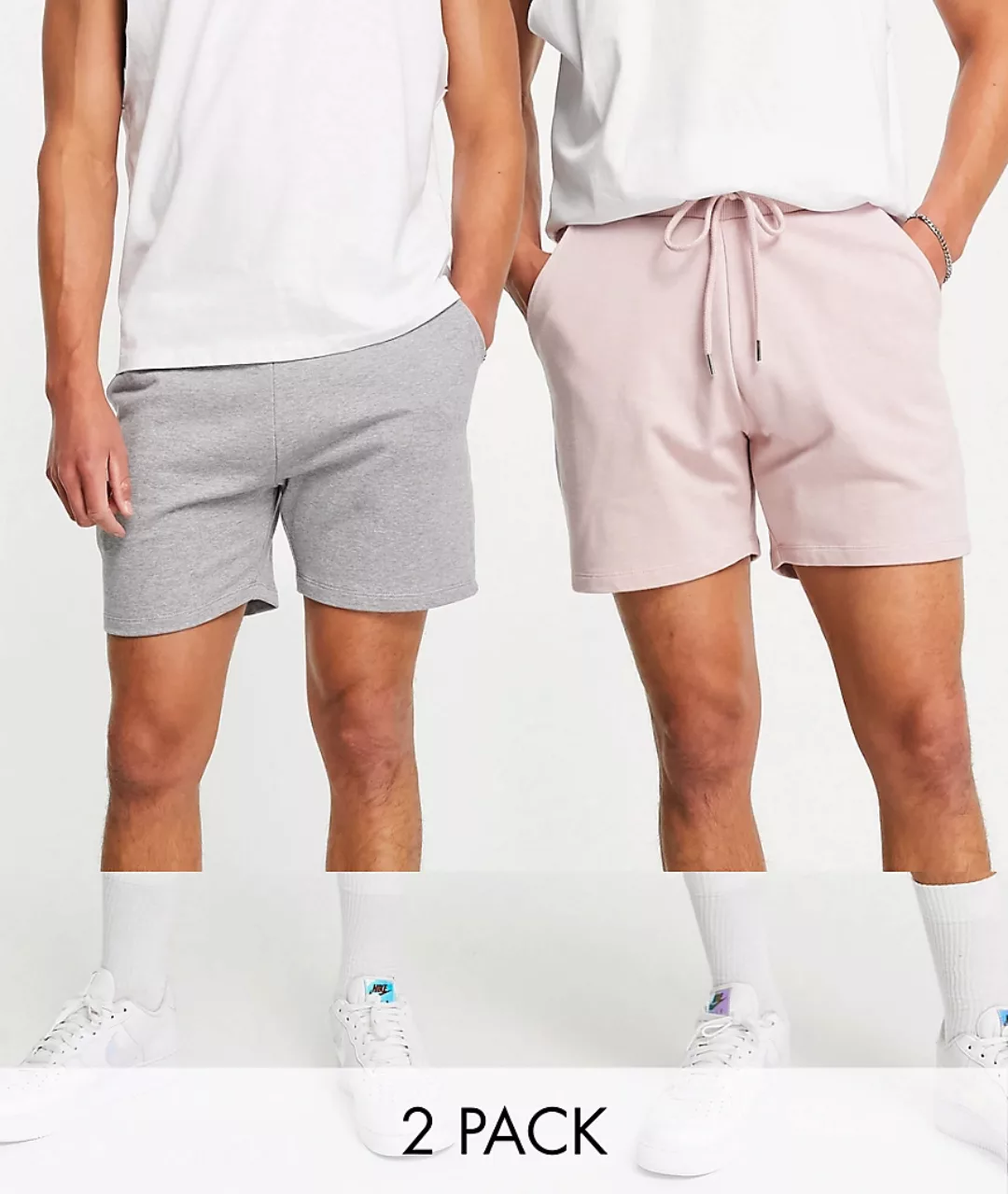 ASOS DESIGN – Kurze, schmale Jersey-Shorts in Rosa/Grau meliert im 2er-Pack günstig online kaufen