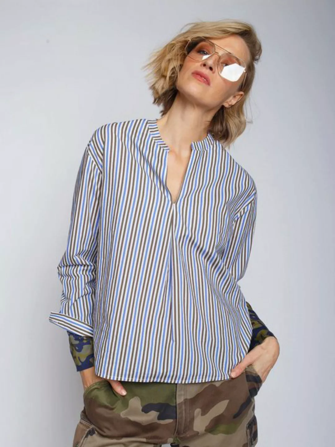 RISY & JERFS Schlupfbluse Shirtbluse Khaki Blue Stripes günstig online kaufen