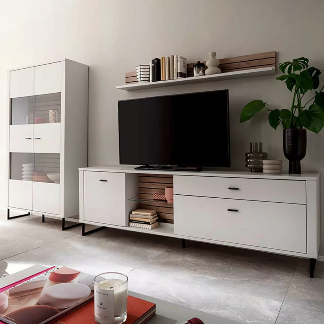 TV Wohnwand weiss in modernem Design 185 cm hoch (dreiteilig) günstig online kaufen