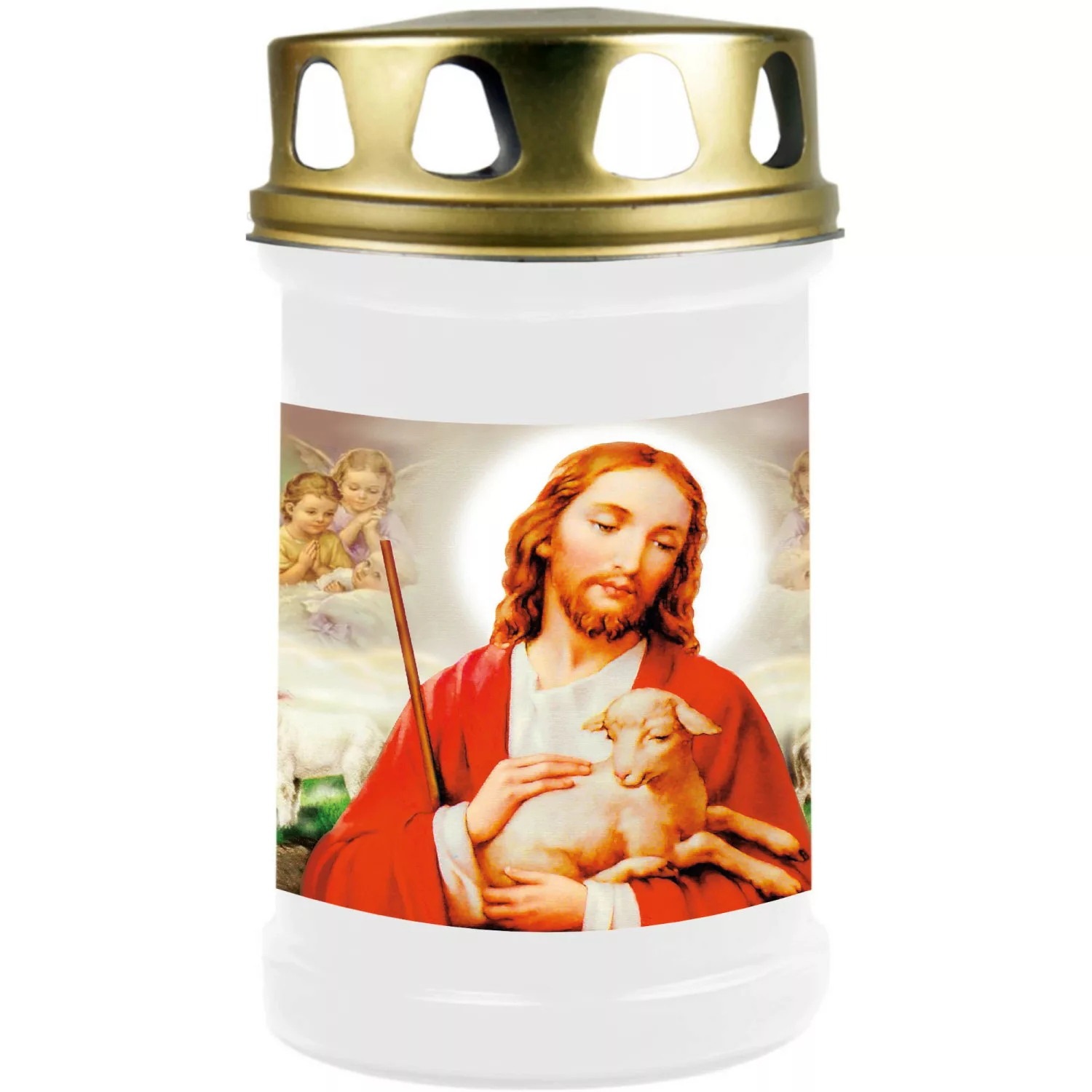 HS Candle Grabkerze Weiß 48h Deckel Gold Jesus & Lamm günstig online kaufen