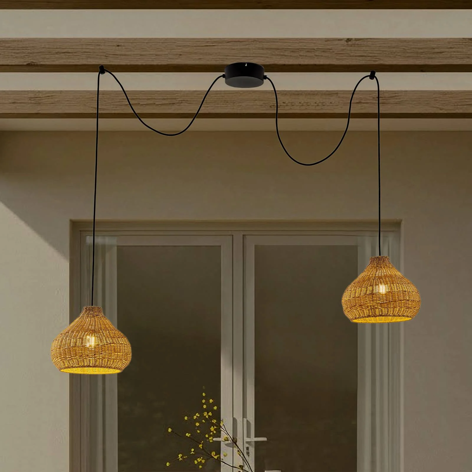 Lucande Außenhängelampe Taniola, 2-flg., beige, Rattan, IP44 günstig online kaufen