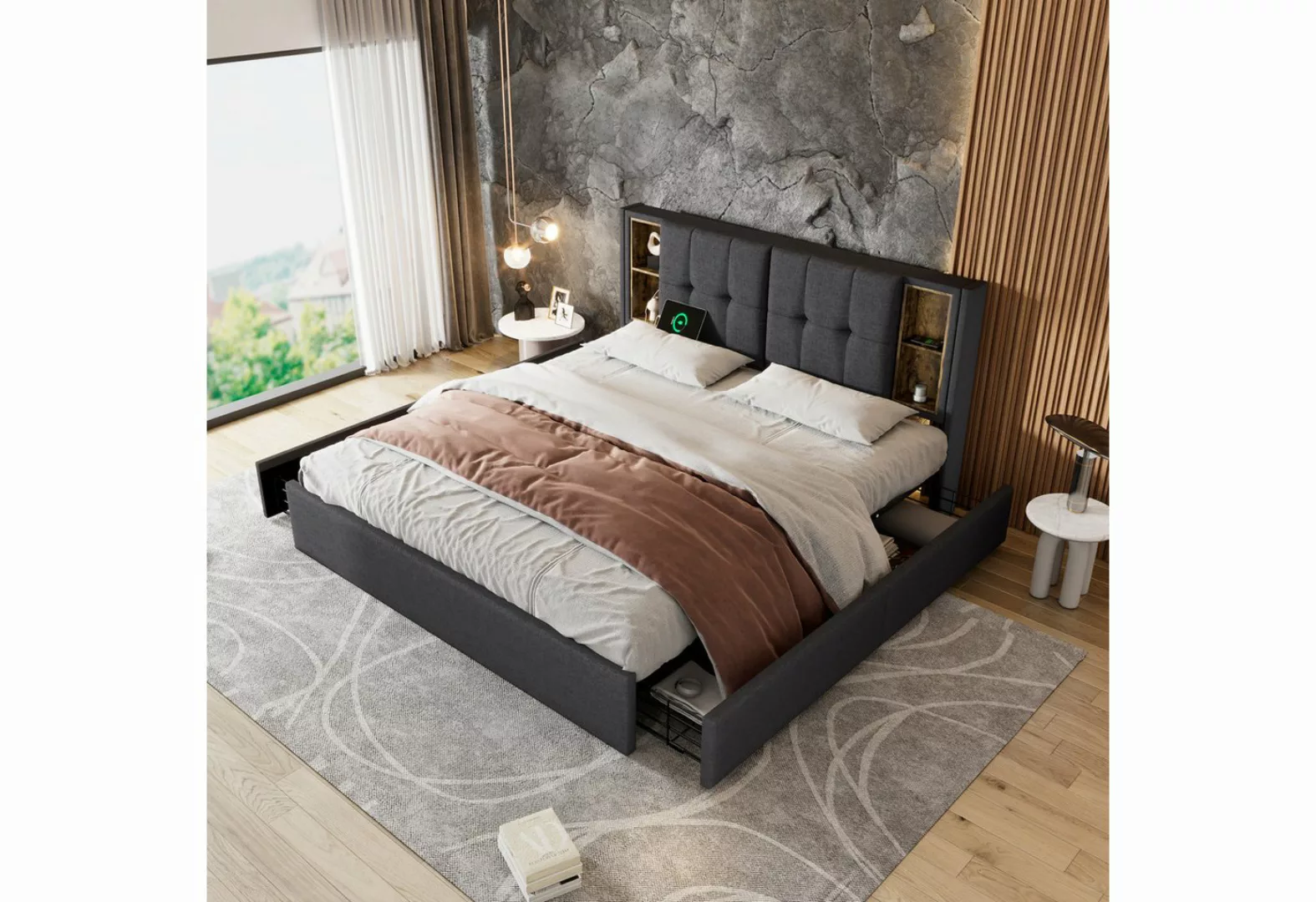 MODFU Polsterbett Doppelbett (4 Schubladen, ohne Matratze), mit Kabellosem günstig online kaufen