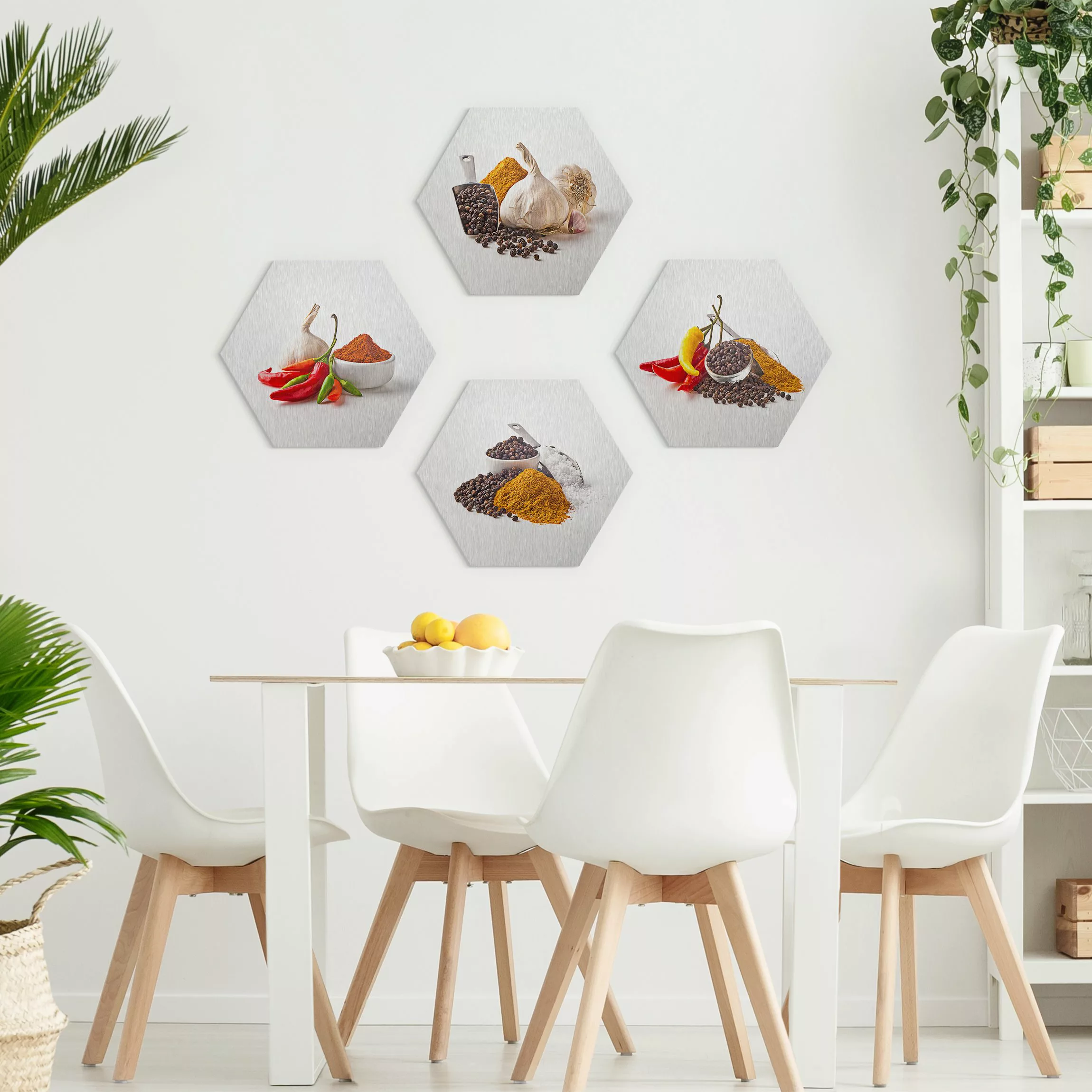 4-teiliges Hexagon-Alu-Dibond Bild Chili Knoblauch und Gewürz - Sets günstig online kaufen