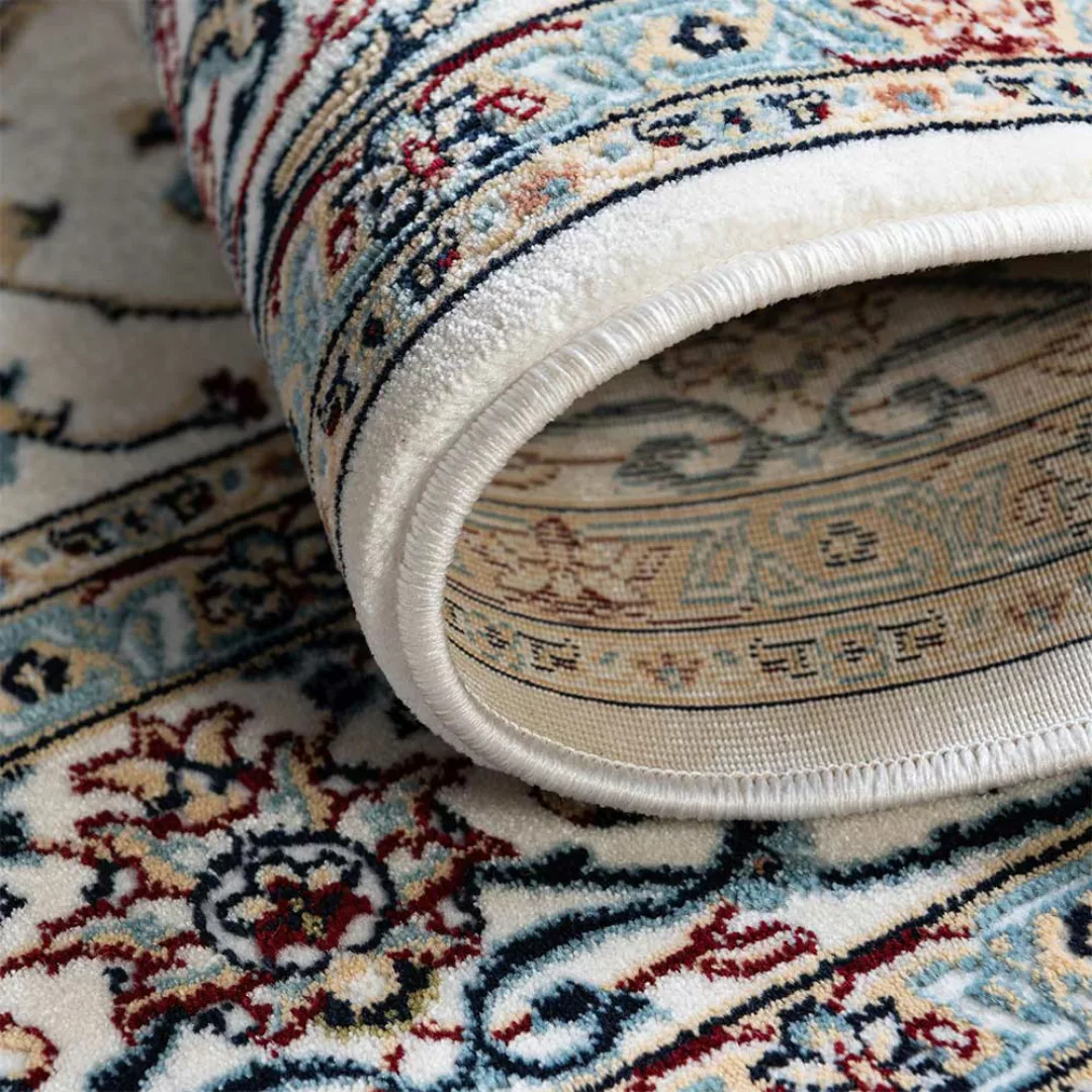 Runder Kurzflor Teppich mit orientalischem Muster Cremefarben günstig online kaufen