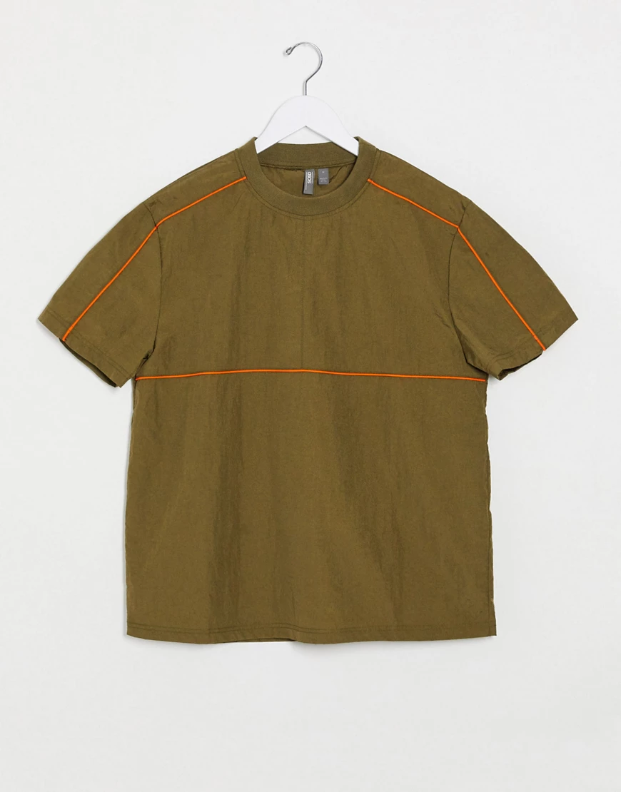 ASOS DESIGN – Locker geschnittenes Web-T-Shirt mit Paspelierung in Khaki-Gr günstig online kaufen