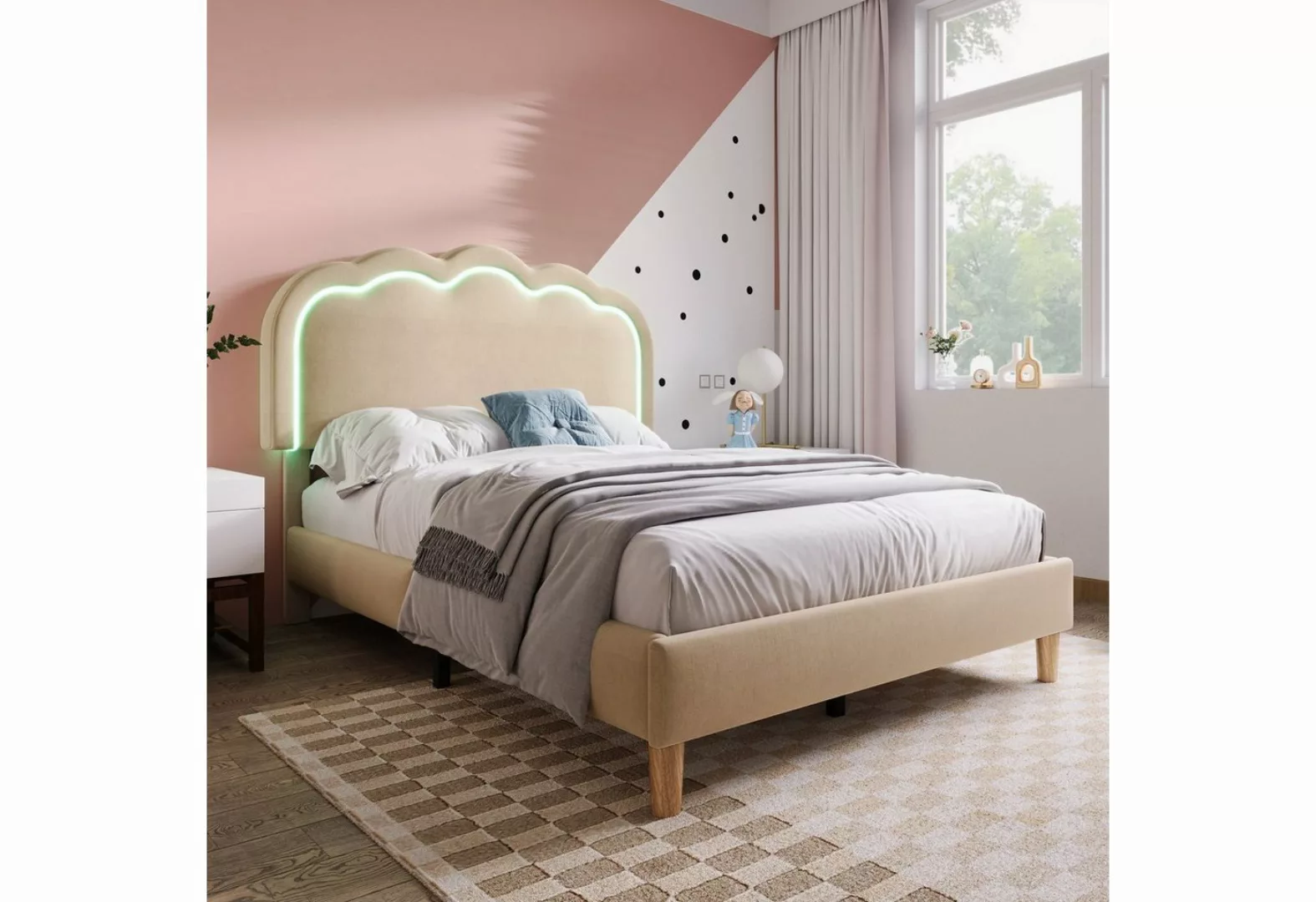 Fangqi Polsterbett 90x190/200cm LED Einzelbett,Beige Leinenmaterial/Rosa Sa günstig online kaufen