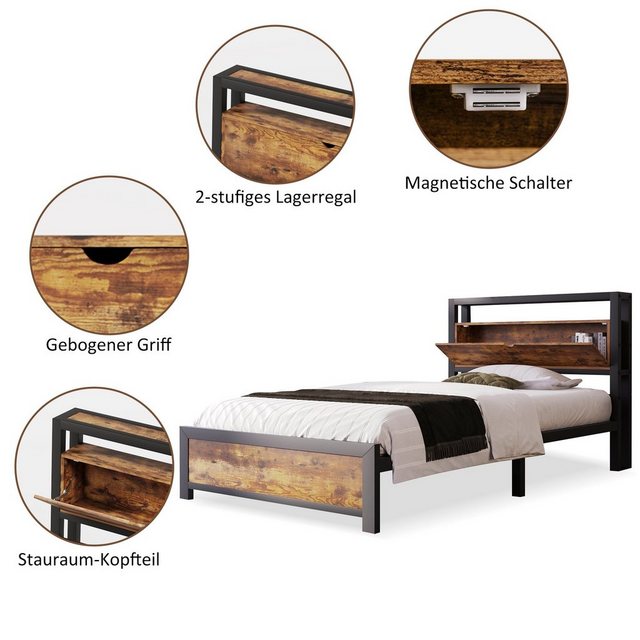 Celya Einzelbett Metallbett Jugendbetten 90 x 200 cm mit Stauraum-Kopfteil, günstig online kaufen