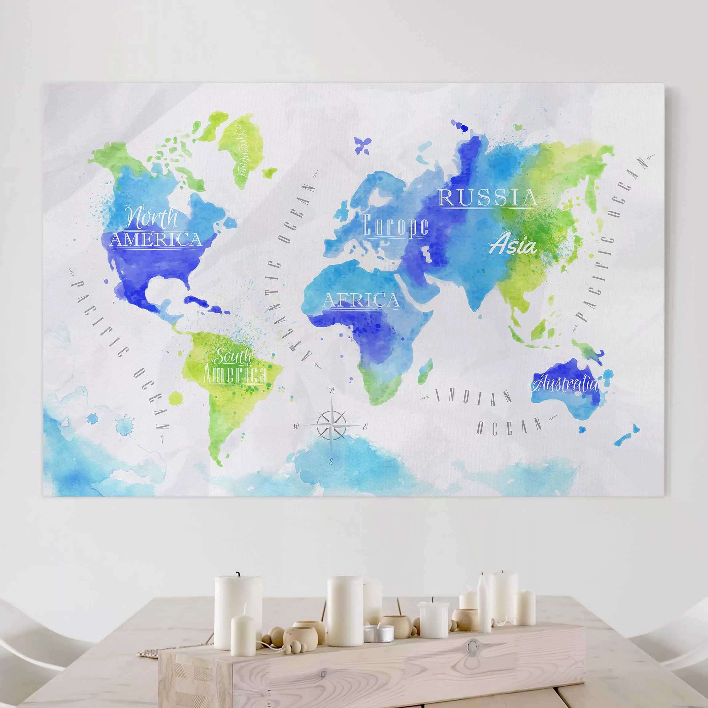 Leinwandbild Weltkarte - Querformat Weltkarte Aquarell blau grün günstig online kaufen