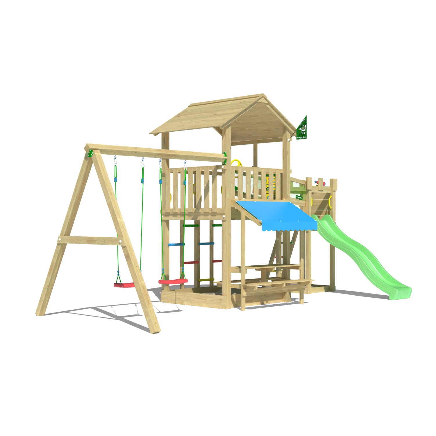 Jungle Gym Spielturm Cascade Holz Picnic m. 2 Schaukeln Brücke Rutsche Hell günstig online kaufen