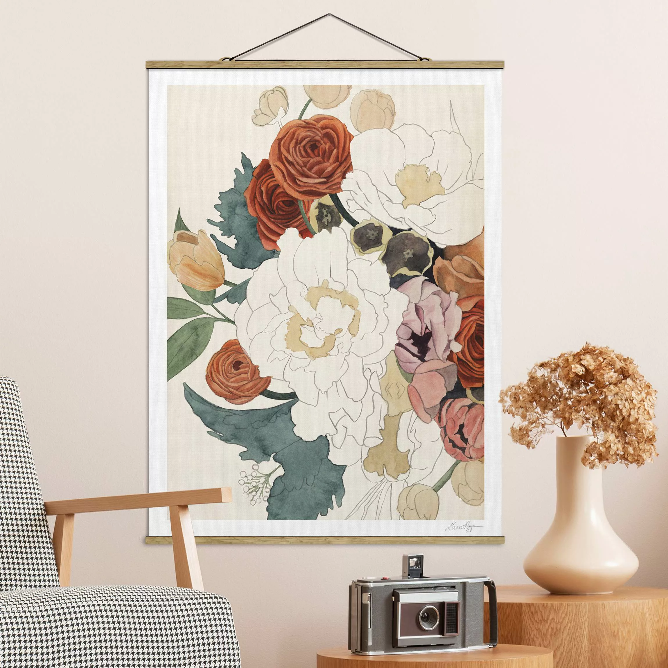 Stoffbild Blumen mit Posterleisten - Hochformat Zeichnung Blumenbouquet in günstig online kaufen