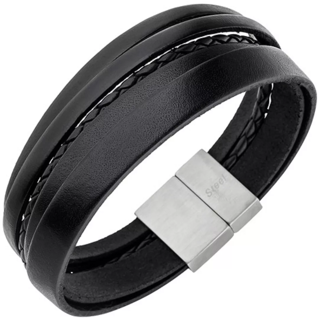 SIGO Herren Armband 5-reihig Leder schwarz geflochten Edelstahl 21 cm Herre günstig online kaufen