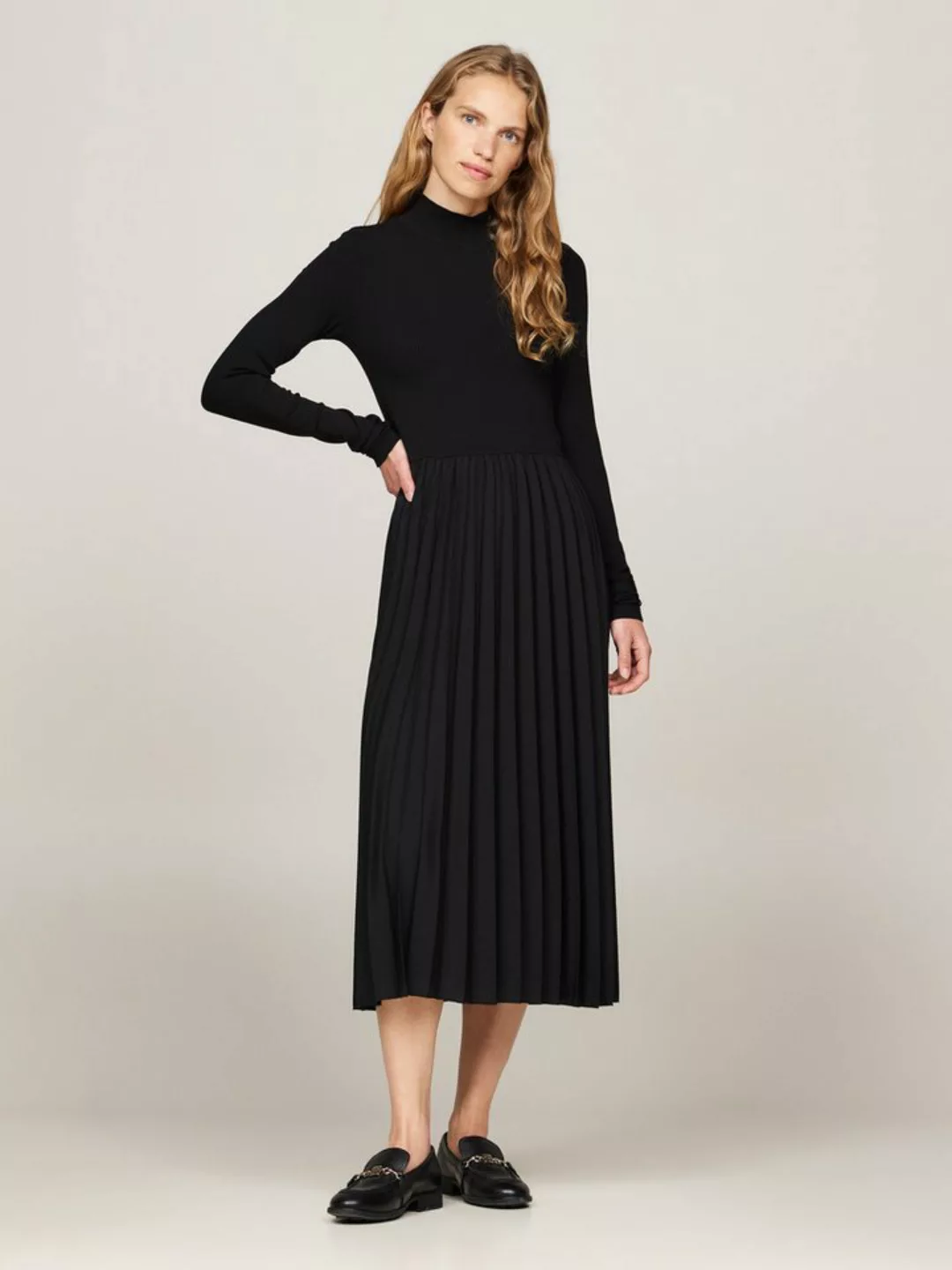 Tommy Hilfiger Blusenkleid RIB MIX F&F PLEATED DRESS LS mit Falten, Rippopt günstig online kaufen