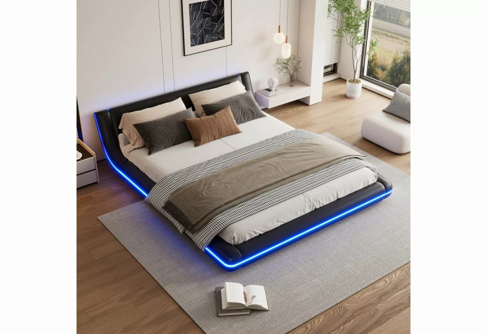 OKWISH Polsterbett Flachbett, Bodenbett, Doppelbett (mit PU-Bezug und LED-U günstig online kaufen