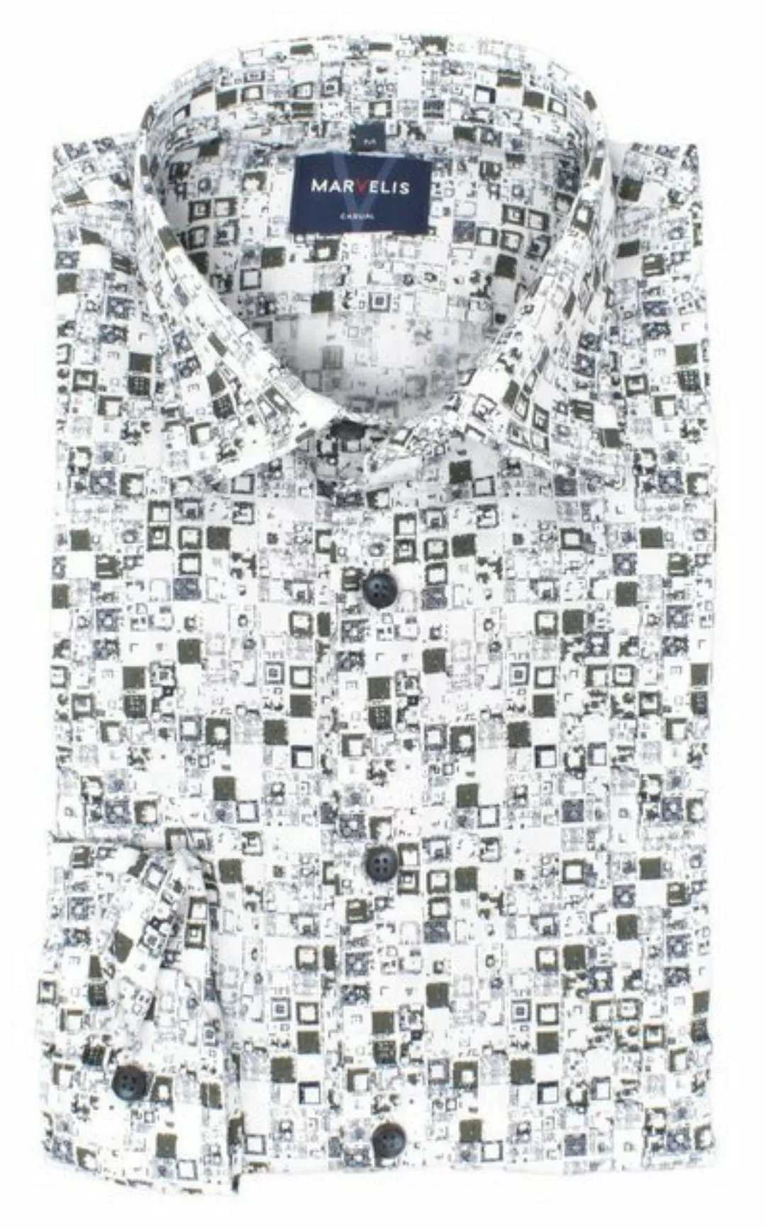 MARVELIS Langarmhemd Freizeithemd - Casual Fit - Langarm - Muster - Weiß/Ol günstig online kaufen