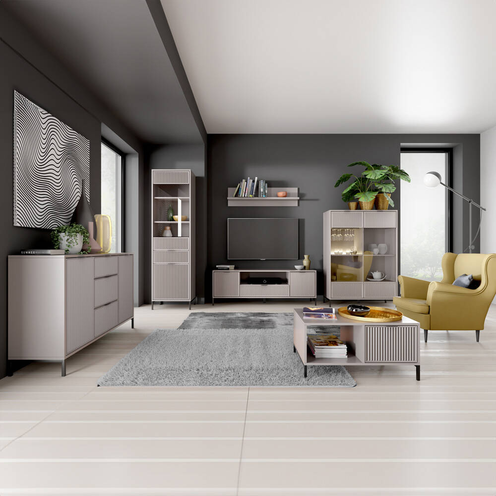 Wohnzimmer Set Kaschmir beige LAURO-161 modern mit Rillenoptik 6-teilig günstig online kaufen