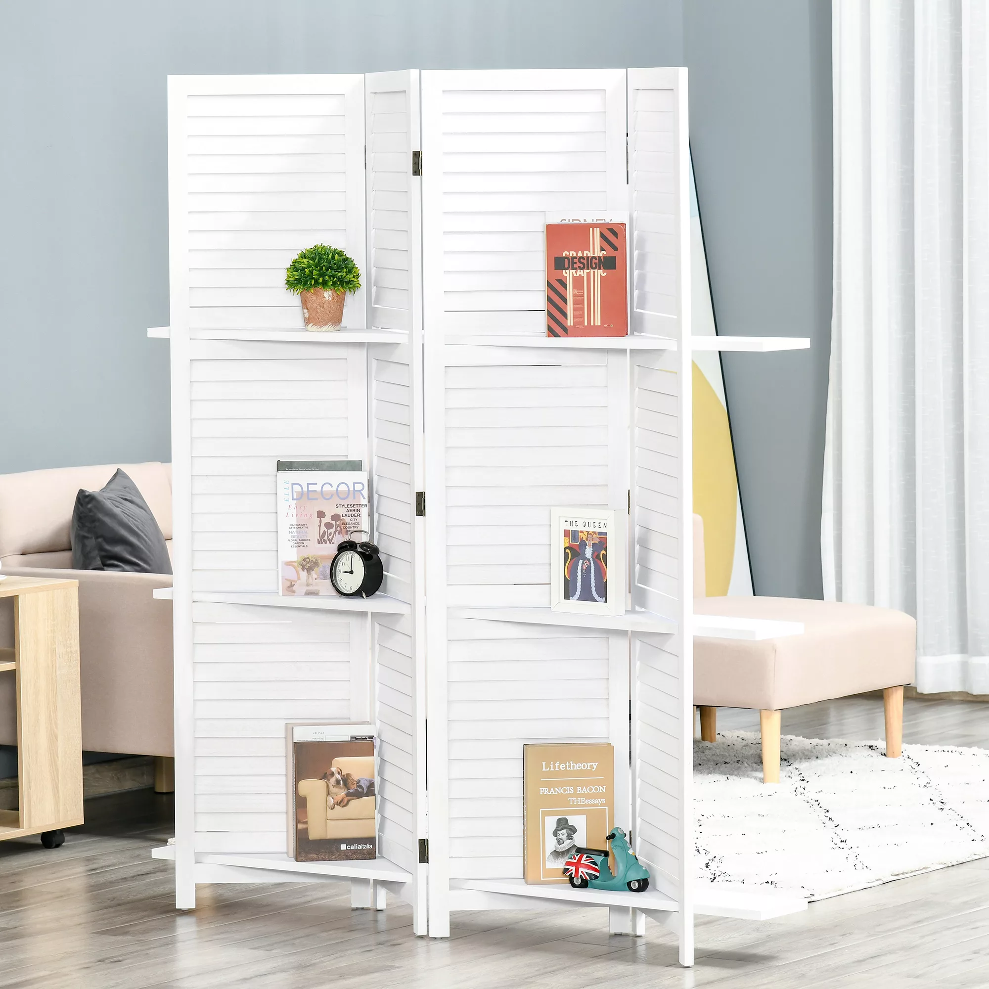 HOMCOM Innenraum-Paravent 4 Paneele 160L x 170H cm 3 Regale Faltbarer Raumt günstig online kaufen