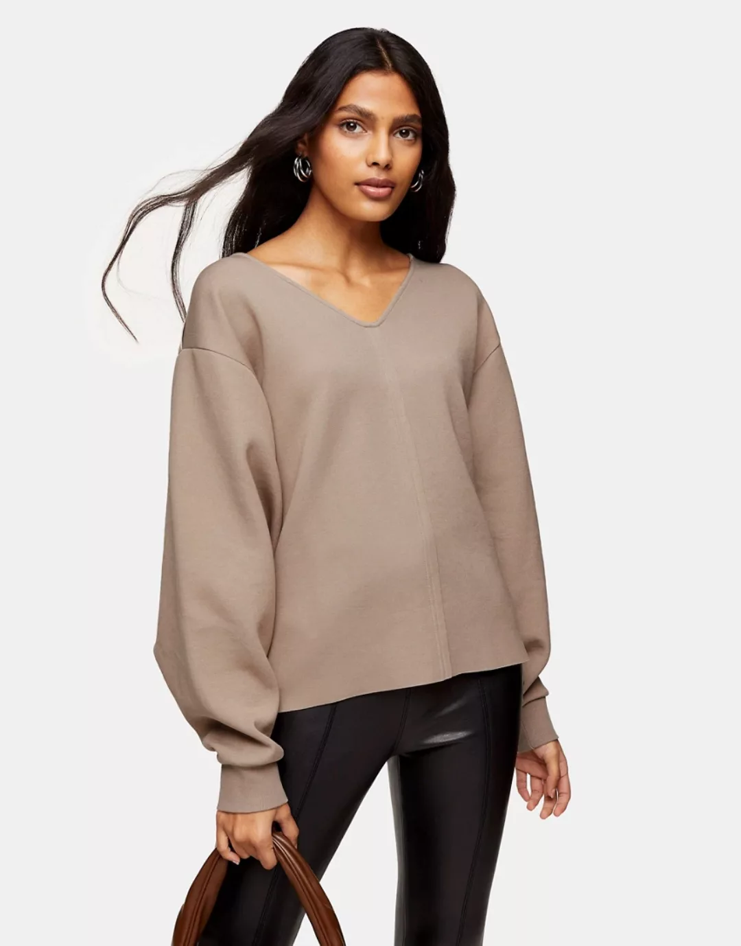 Topshop – Sweatshirt mit V-Ausschnitt in Nerzfarbton-Braun günstig online kaufen