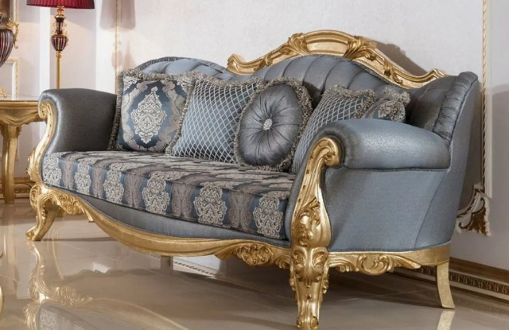 Casa Padrino Sofa Luxus Barock Sofa Blau / Gold - Handgefertigtes Barocksti günstig online kaufen