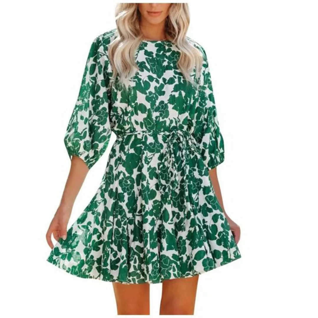 RUZU UG Strandkleid Damen-Kleid mit Rundhalsausschnitt, Boho-Blumendruck un günstig online kaufen