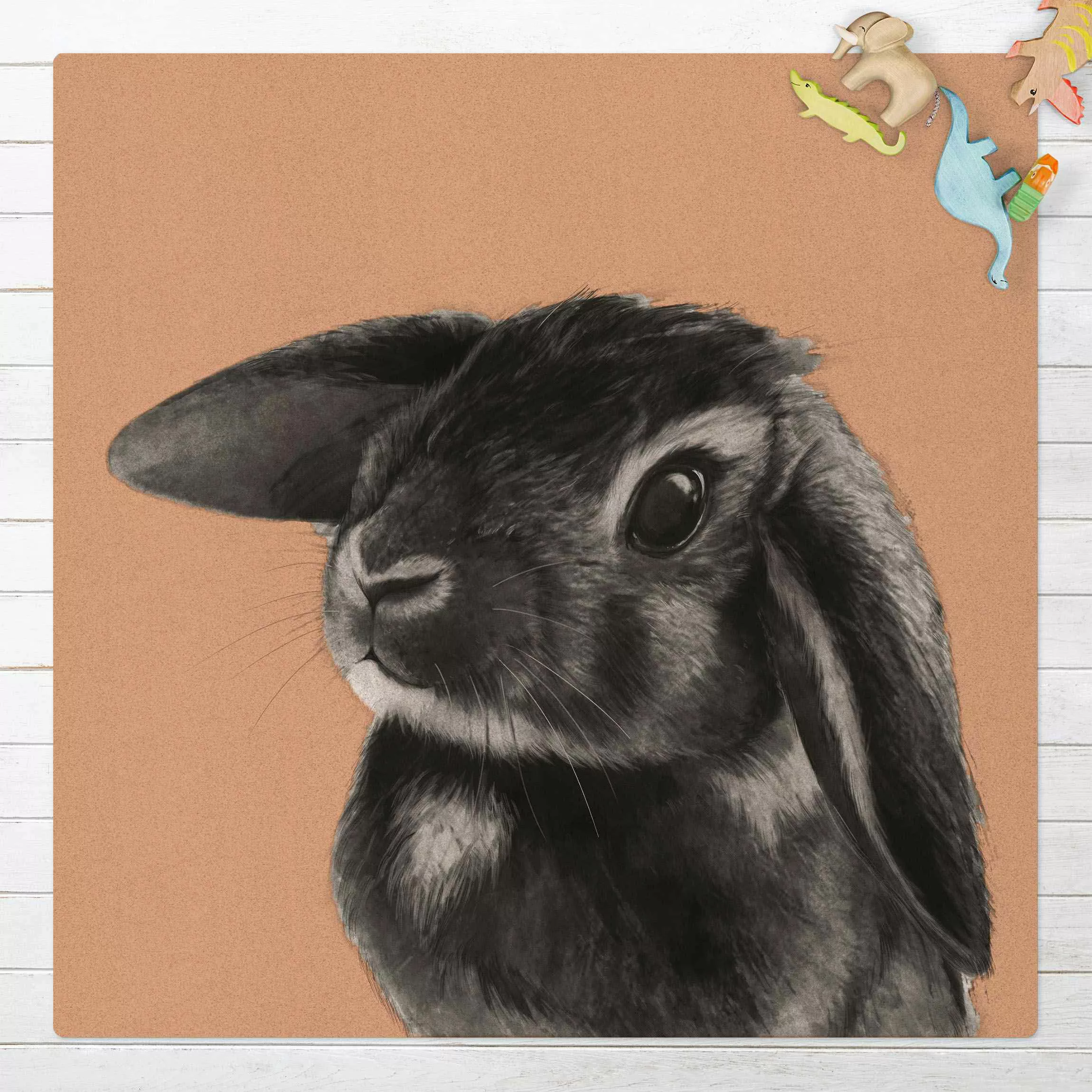 Kork-Teppich Illustration Hase Schwarz Weiß Zeichnung günstig online kaufen