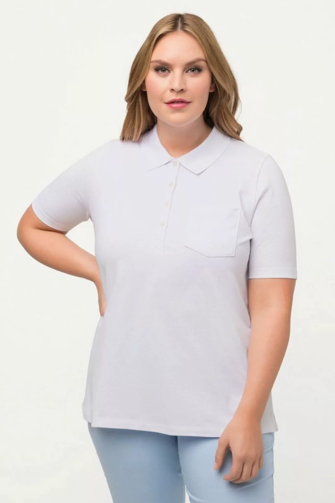 Ulla Popken Rundhalsshirt Poloshirt Ajour-Rhomben Polokragen Halbarm günstig online kaufen