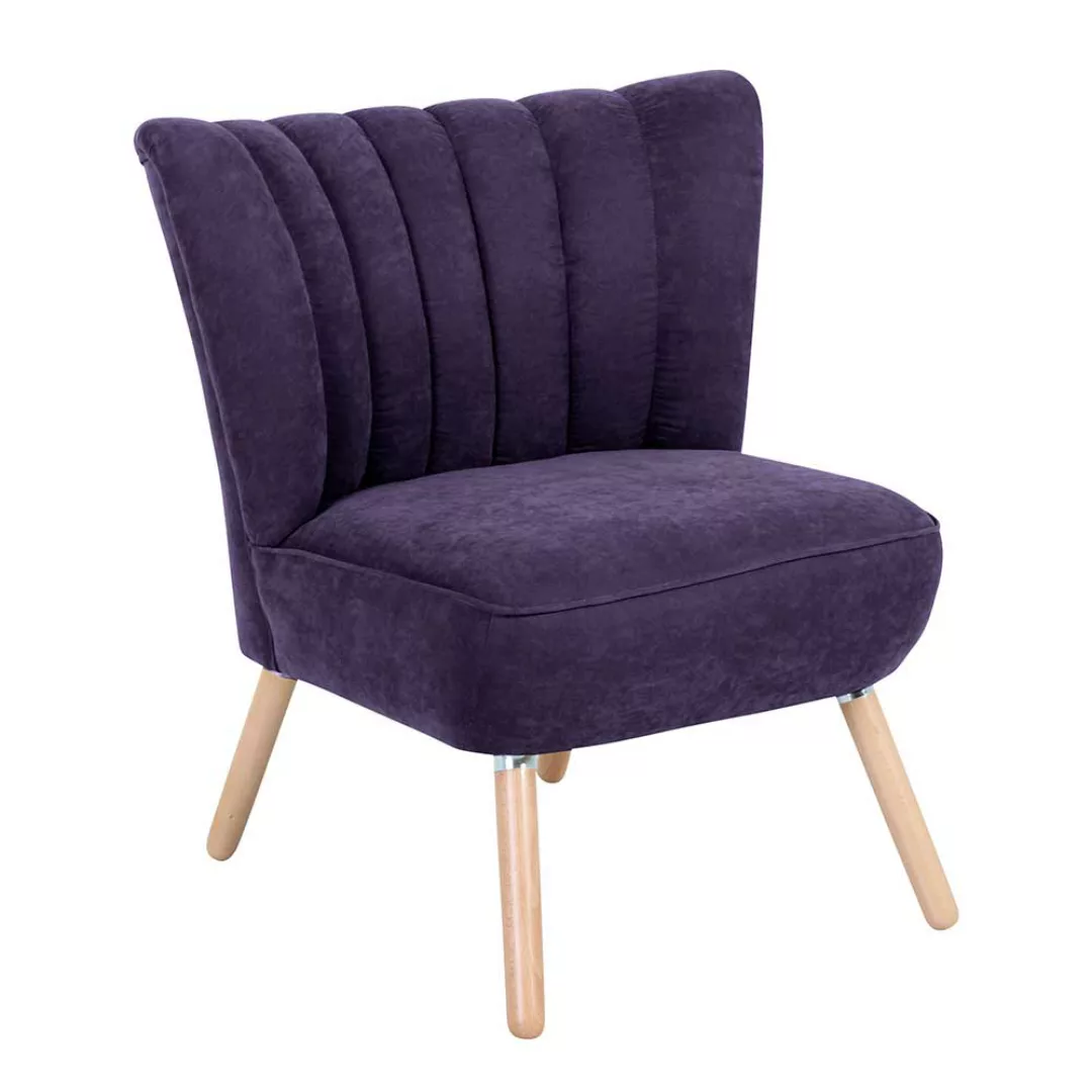 Violetter Retro Sessel aus Velours Vierfußgestell aus Holz günstig online kaufen