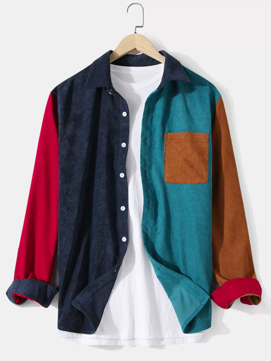 Herren Cord Patchwork Color Block Relaxed Fit Langarmhemden mit Tasche günstig online kaufen