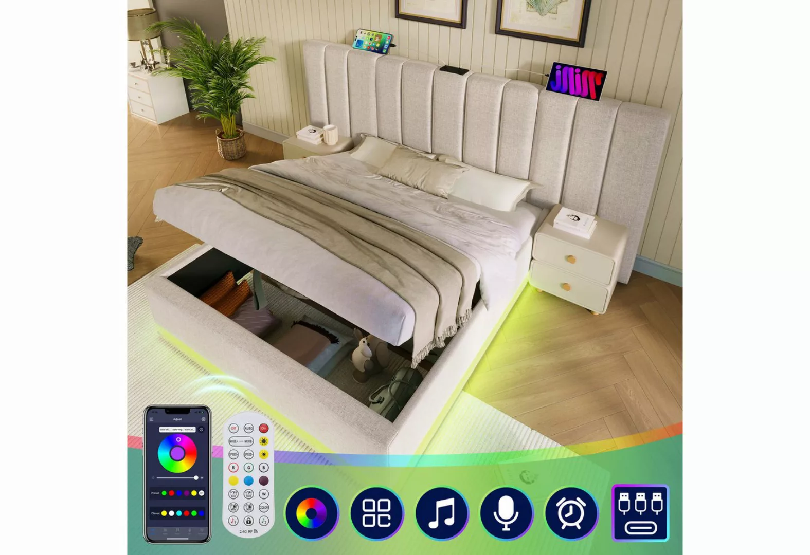 BlingBin Polsterbett Doppelbett Stauraumbett (1-tlg., mit App Control LED, günstig online kaufen