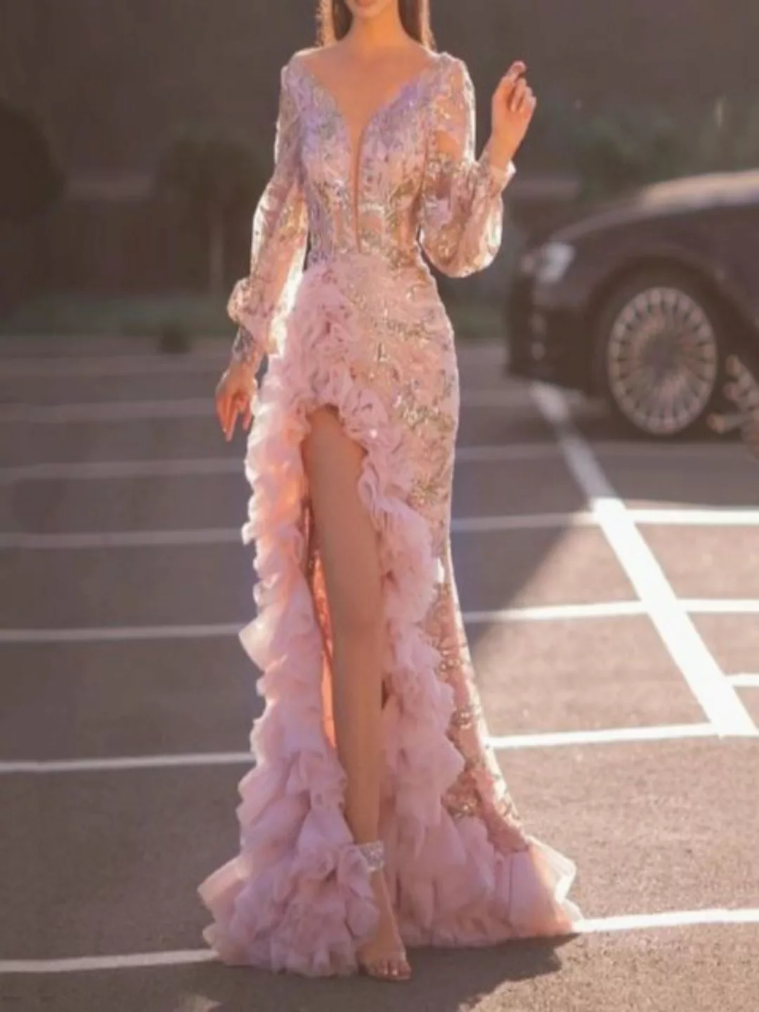 KIKI Chiffonkleid Sexy rosa langes Mesh-Abendkleid, modisches Abendkleid günstig online kaufen
