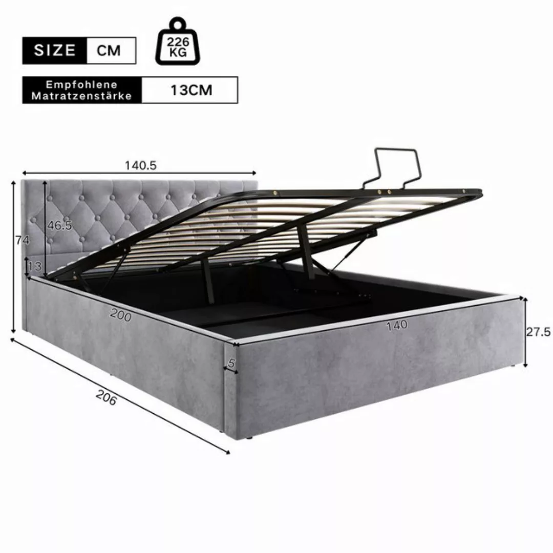 Flieks Polsterbett, Samt hydraulisches Polsterbett Doppelbett 140x200cm günstig online kaufen