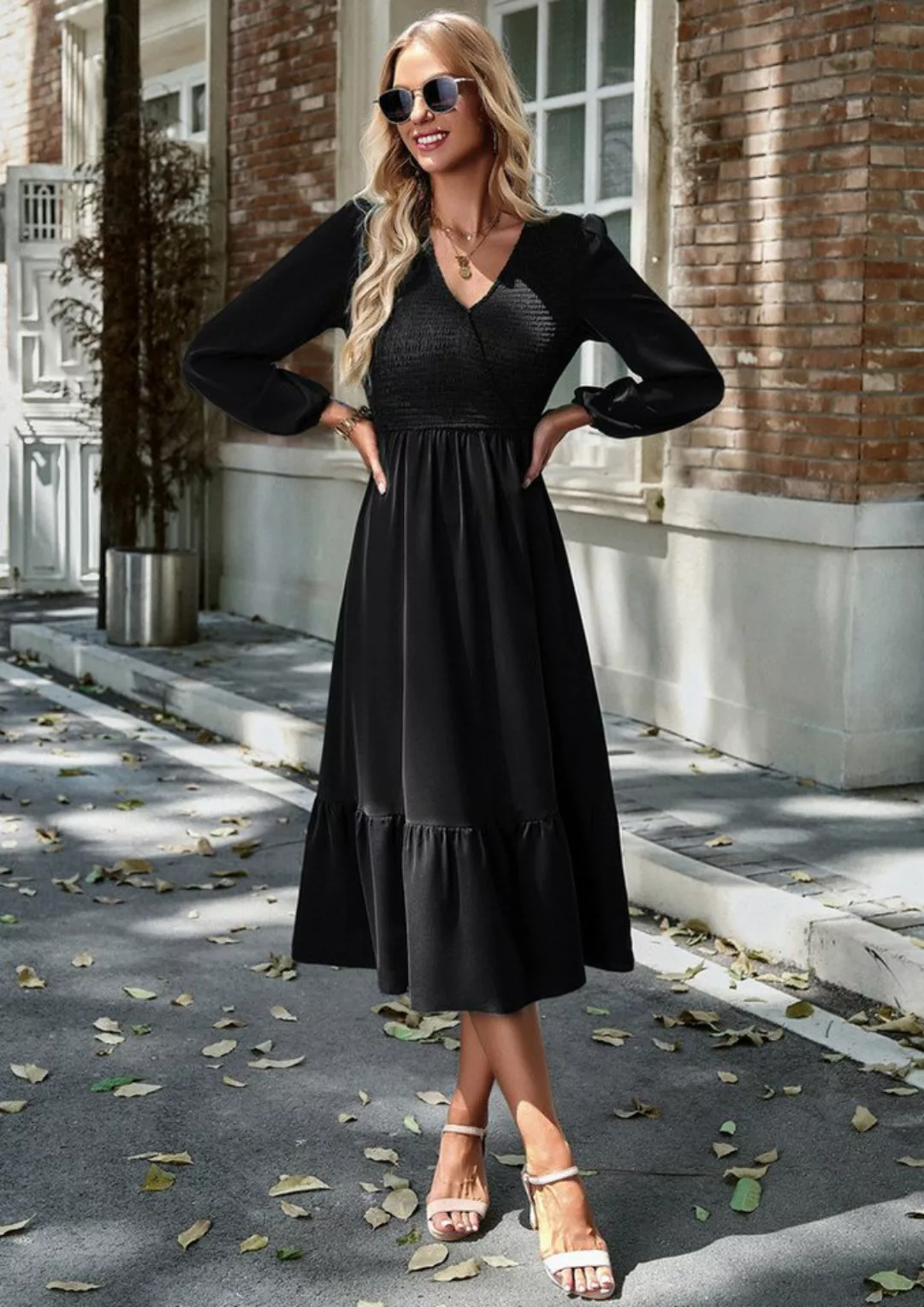 DEBAIJIA Dirndl Langärmeliges Kleid Damen V-Ausschnitt Einfarbig Elegant Fr günstig online kaufen