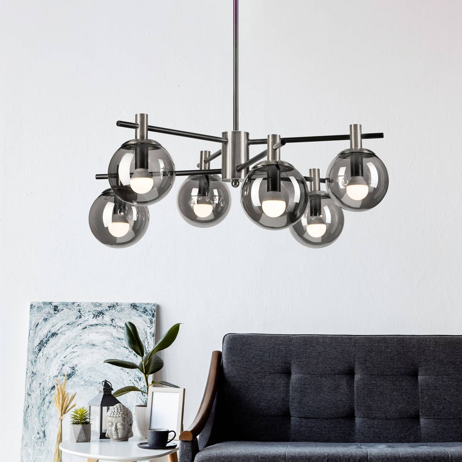 Deckenlampe Lilou, Ø 53cm, rauchgrau, Glas/Metall, 6-flg. günstig online kaufen