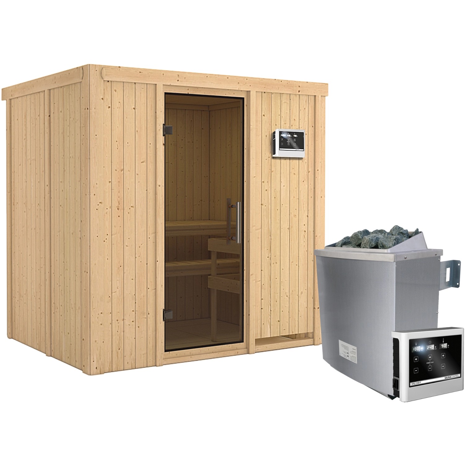 Karibu Sauna-Set Bjarne inkl. Ofen 9 kW mit ext. Steuerung, Tür Graphit günstig online kaufen