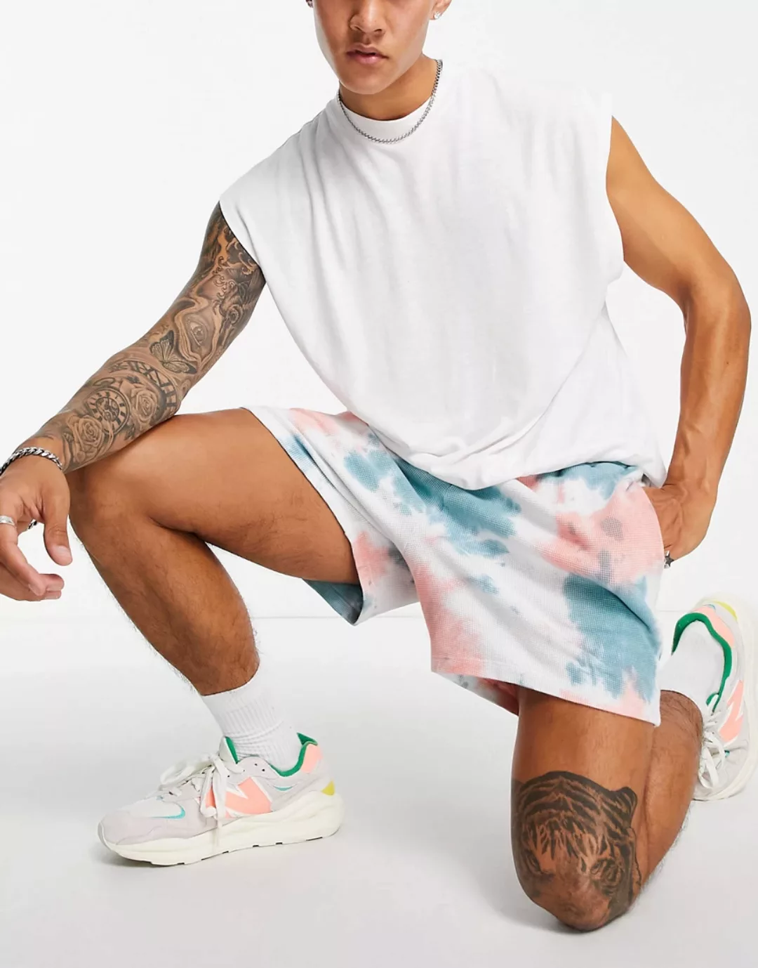 ASOS DESIGN – Oversize-Shorts mit Waffelstruktur und Batikmuster, Kombiteil günstig online kaufen