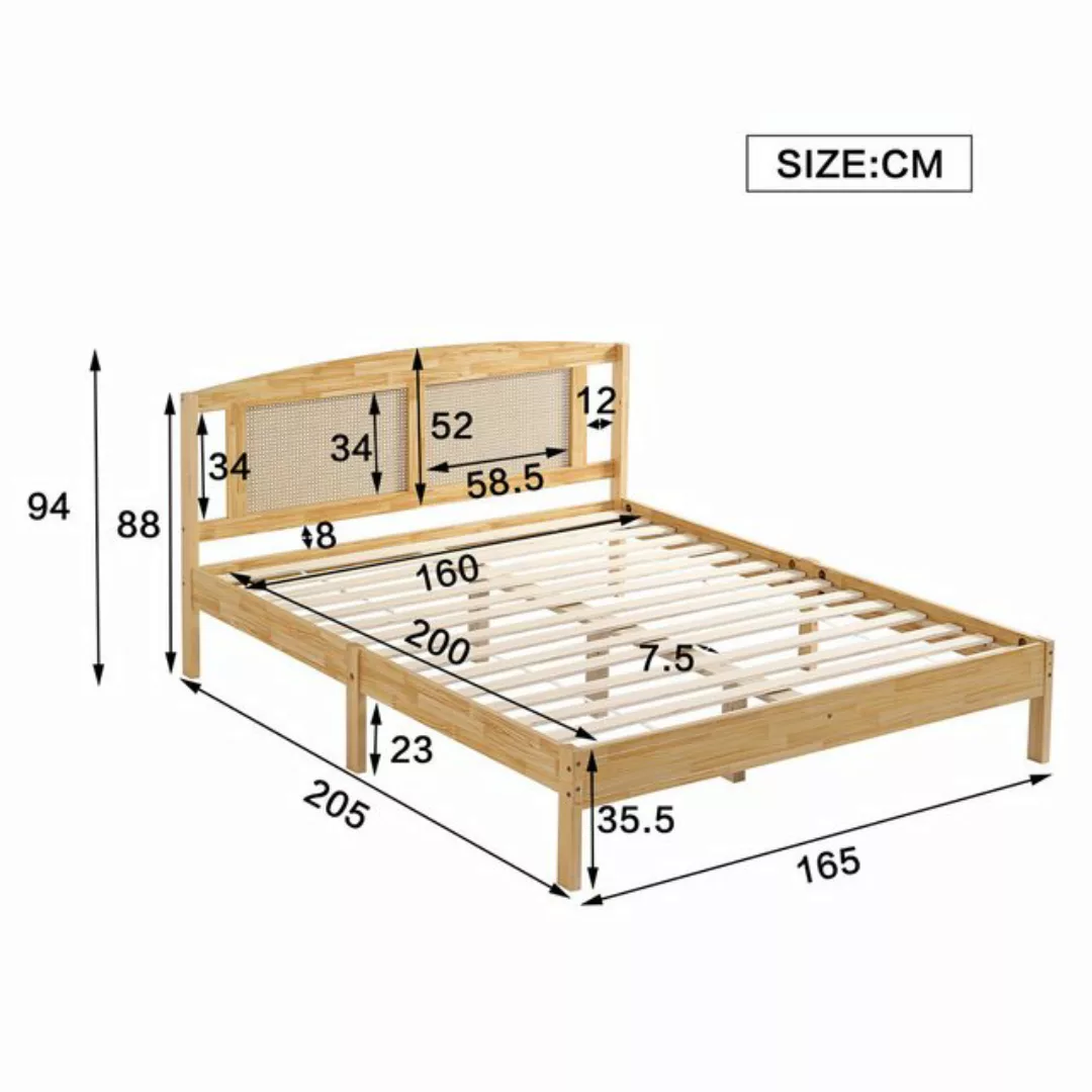 Flieks Massivholzbett, Doppelbett 160x200cm mit Rattannetz Kopfteil günstig online kaufen