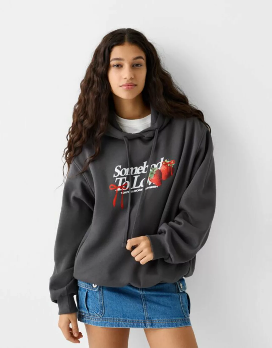 Bershka Hoodie Mit Print Damen M Grau günstig online kaufen