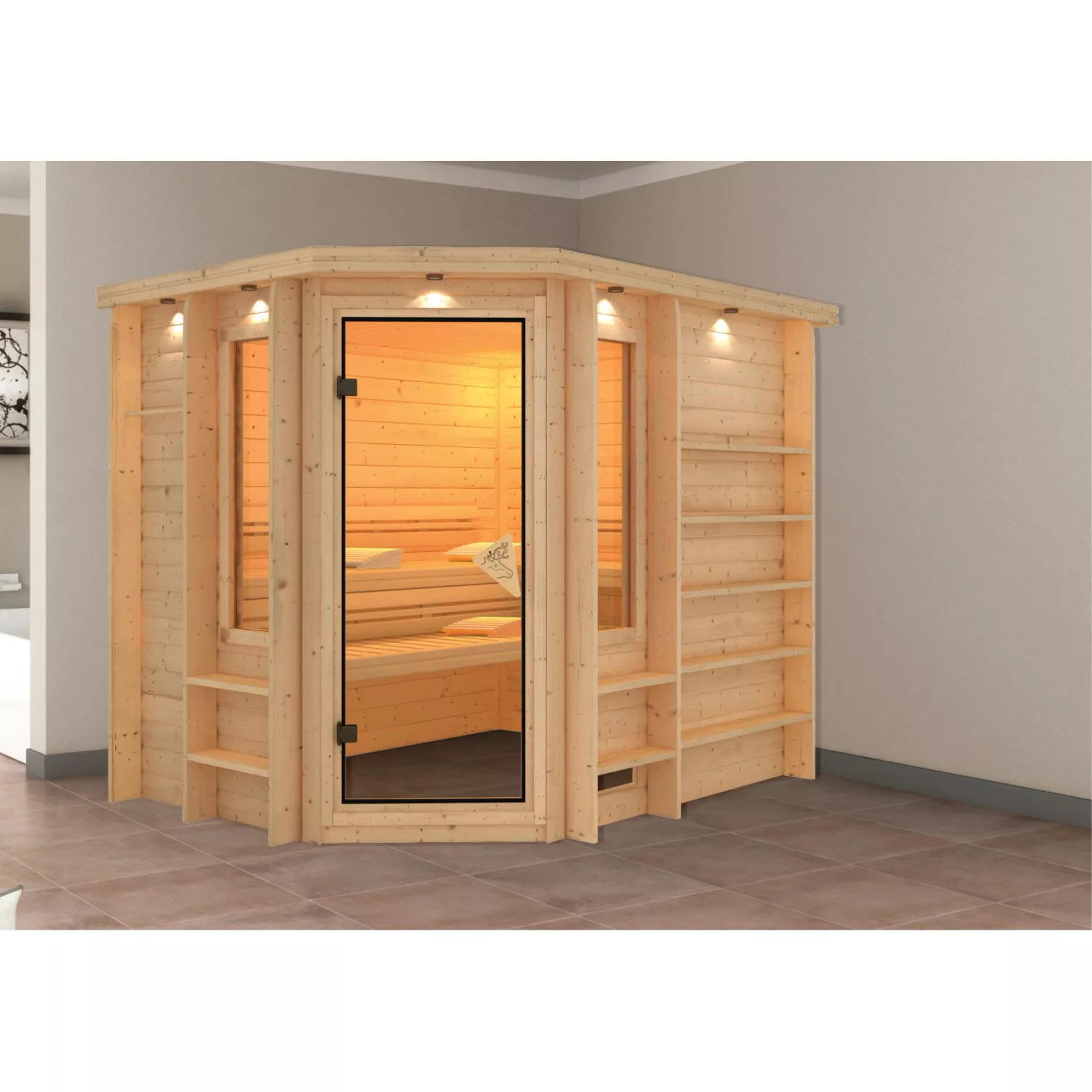 Karibu Sauna Risa 40 mm mit Eckeinstieg inkl. Ganzglastür und Regalsystem günstig online kaufen