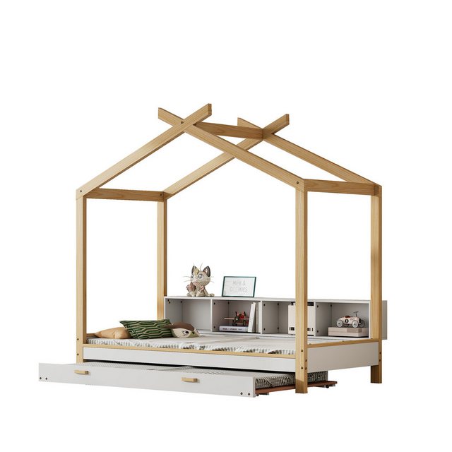 Welikera Hausbett 90x200cm&90x190cm Holzbett mit 4 Fächern Regale,Ausziehba günstig online kaufen